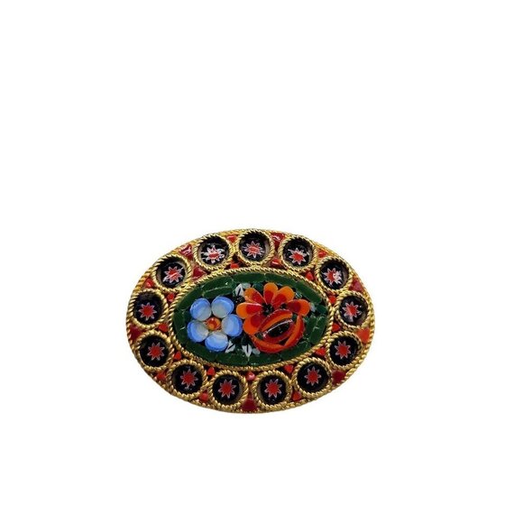 Micro Mosaic Floral Brooch Oval Glass Chips Gold Tone - Picture 2 of 6